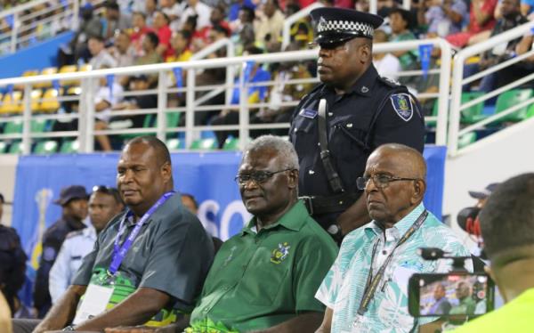 Left to right - Martin Rara NOCSI president, Manasseh Sogavare Solomon Islands PM and Vidhya Lakhan president of the Pacific Games Council.