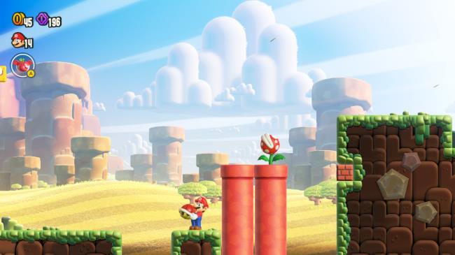 Mario holding a red shell next to two red pipes. One pipe has a piranha plant.