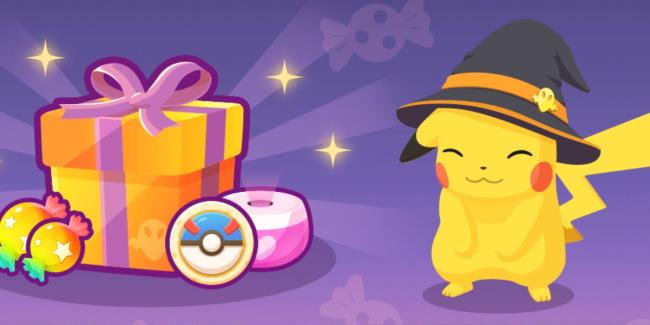 Image of a Pikachu in a witch hat next to an orange presnet box surrounded by candy, biscuits, and incense, in Pokemon Sleep.