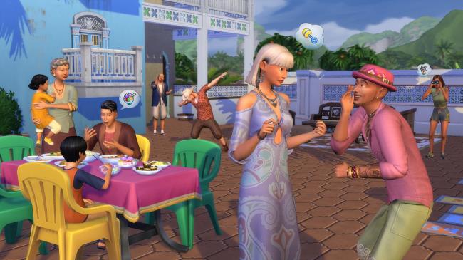 Sims chatting eating together and mingling in The SIms 4 For Rent